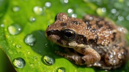 Obraz premium Close-up of a small frog on a dewy leaf.