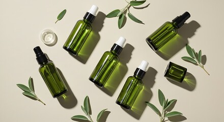 Editorial Flat Lay of Green Skincare Bottles