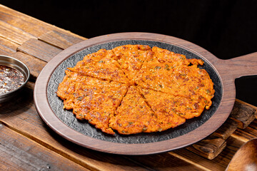 Korean Kimchi Pancake (Kimchi Jeon) – Traditional Savory Pancake Made with Fermented Kimchi, Flour, and Scallions, Crispy and Spicy, Popular as Korean Side Dish or Bar Snack
