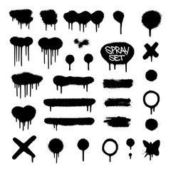Diverse black spray paint stains and drip set isolated on white