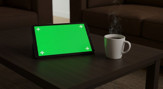 Green Screen Tablet and Coffee Mug on Dark Table. Digital Mockup for Content Display in Cozy Living Room.