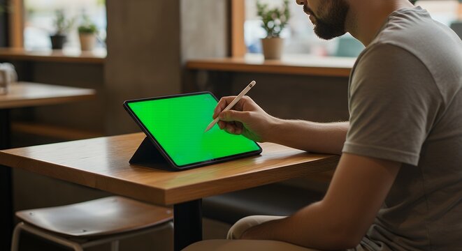 Man using stylus on green screen tablet in modern cafe for digital design and content creation