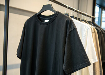 black T-shirts on hangers