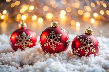 Fototapeta premium Three red christmas ornaments with snowflakes resting in white snow with bokeh lights