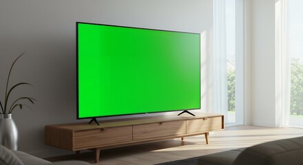 Modern TV with green screen display in bright minimalist living room for digital content mockup