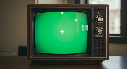 Retro Wooden TV with Green Screen and Crosshair. Vintage Television for Chroma Key Compositing.