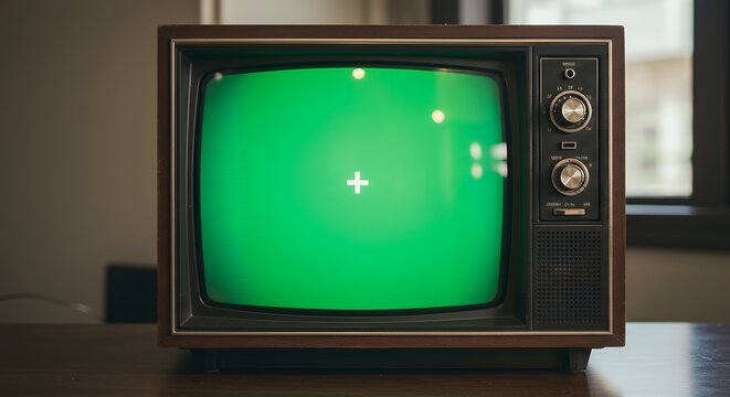 Retro Wooden TV with Green Screen and Crosshair. Vintage Television for Chroma Key Compositing.