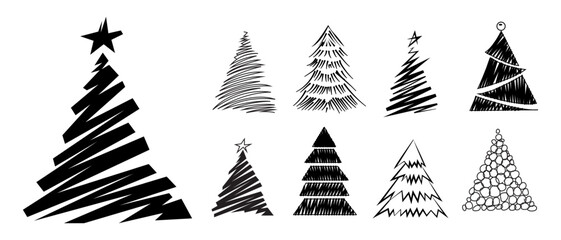 Obraz premium A collection of various stylized black and white handdrawn Christmas tree illustrations, perfect for holiday greeting cards, festive banners, or winter season advertisements.