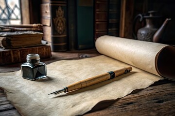 Vintage writing desk with ink bottle, quill, and parchment surrounded by old books and a kettle