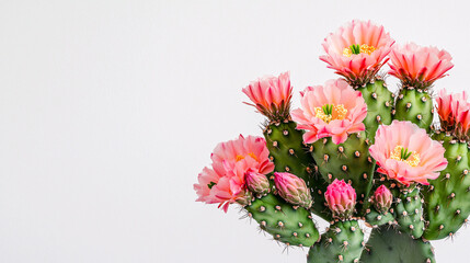Blooming Cactus Delicate Pink Flowers on a Desert Plant,  Floral Beauty against White Background