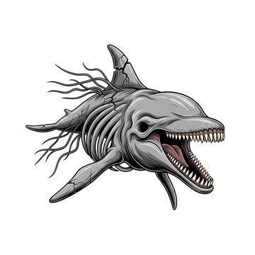 Pixelated illustration of a skeletal dolphin creature with exposed ribs and sharp teeth against a transparent background.