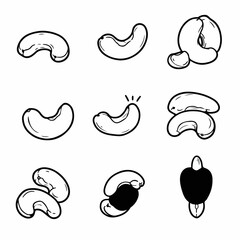 Fototapeta premium Black and white line art illustration set of various cashew nuts, depicting whole, shelled, and processing stages, isolated on white background.