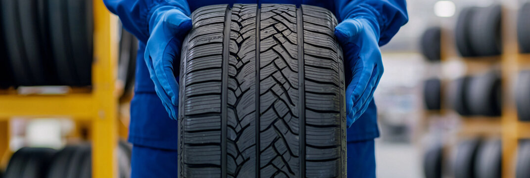 Mechanic Holding Tire Preparing for Automotive Service and Maintenance at Repair Shop