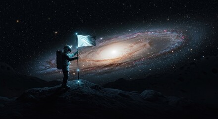 Obraz premium Astronaut conquering new worlds with a flag against the backdrop of a swirling galaxy exploration
