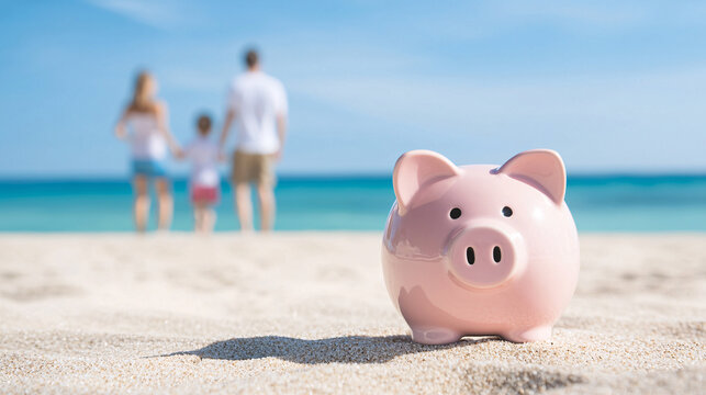 Beach Savings Pink Piggy Bank for Future Family Vacations on a Sandy Tropical Shoreline
