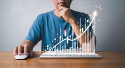 Photo of a man contemplates a holographic growth chart, symbolizing business success and financial investment in a digital age