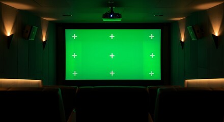 Modern Home Cinema with Green Screen Display and Projector for Chroma Key Mockup