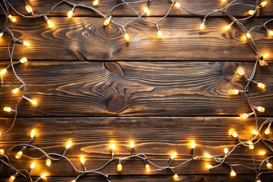 Warm string lights adorn rustic wooden surface creating a cozy and inviting atmosphere - Powered by Adobe