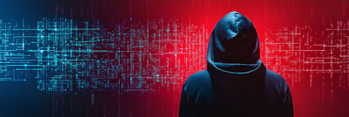 Digital Threat Anonymous Figure in Hoodie Against Cybernetic Data Backdrop Security 