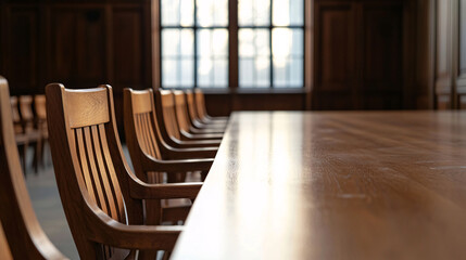 Classic Courtroom Interior Empty Chairs Awaiting Justice in a Timeless Tribunal Room