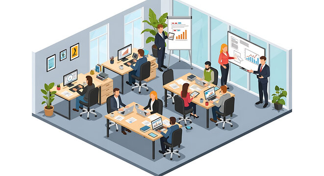 Isometric illustration of a business meeting in an office setting, with employees working at desks and presenters using whiteboards to discuss data and charts.