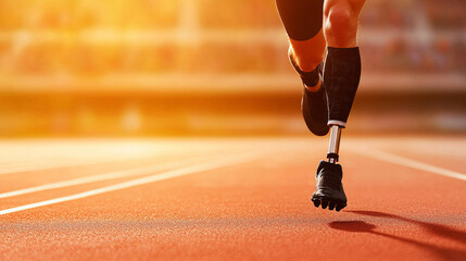 Athlete with prosthetic leg running on a track, showcasing strength and determination
