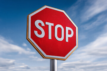 Obraz premium Vibrant Red Stop Sign Against a Clear Blue Sky Offering Safety And Road Guidance Ahead.