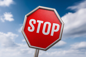 Obraz premium Vibrant Red Stop Sign Against a Blue Sky Symbol of Order, Safety, and Directional Guidance