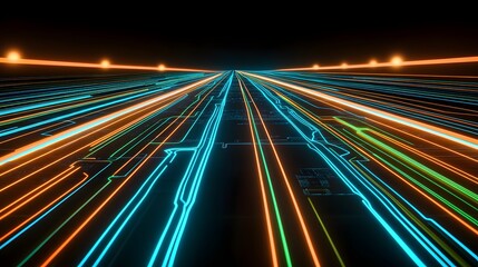 Fototapeta premium Neon light lines converging into a futuristic highway.