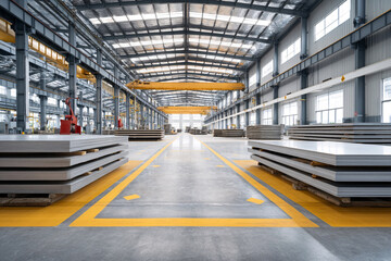 Fototapeta premium Spacious Warehouse Interior with Metal Sheets and Yellow Markings for Logistics and Storage