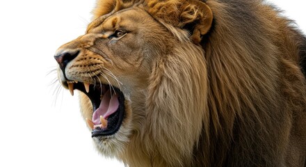 Fototapeta premium Majestic lion roaring against a stark white canvas showcasing power and primal energy