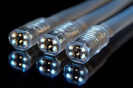 Close-up of three translucent, light-emitting cables.  The connectors, with embedded light sources, are  aligned, reflecting in the black surface below