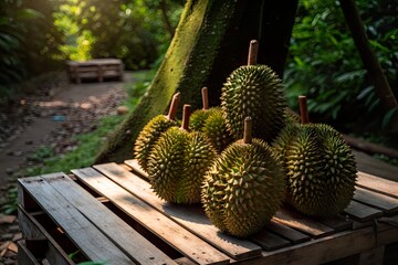Fresh durians displayed on a wooden crate in a lush tropical garden during golden hour