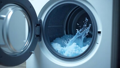 Washing machine door shows water splashing inside during cycle, created with generative ai