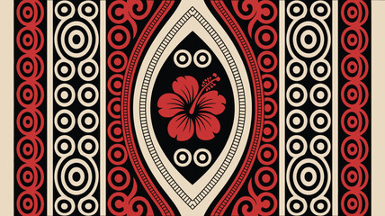 Ornamental background with hibiscus flower showcases a beautiful ethnic pattern featuring circles, perfect for designs and textile applications.