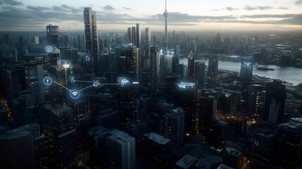 Futuristic cityscape with interconnected technology network.