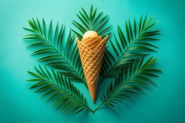 A refreshing ice cream cone surrounded by lush green palm leaves on a teal background