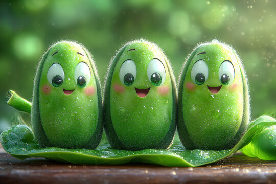 peas with eyes and a leaf on the ground.
