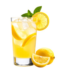 Refreshing glass of lemonade with ice, lemon slices, and mint leaves isolated on transparent background.