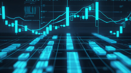 Futuristic stock market interface with glowing candlestick and bar charts for financial analysis