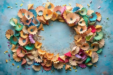Colorful pencil shavings arranged in a circular pattern on a textured blue background