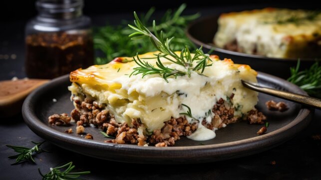 Delicious baked meat pie with rosemary garnish on a plate. - Powered by Adobe