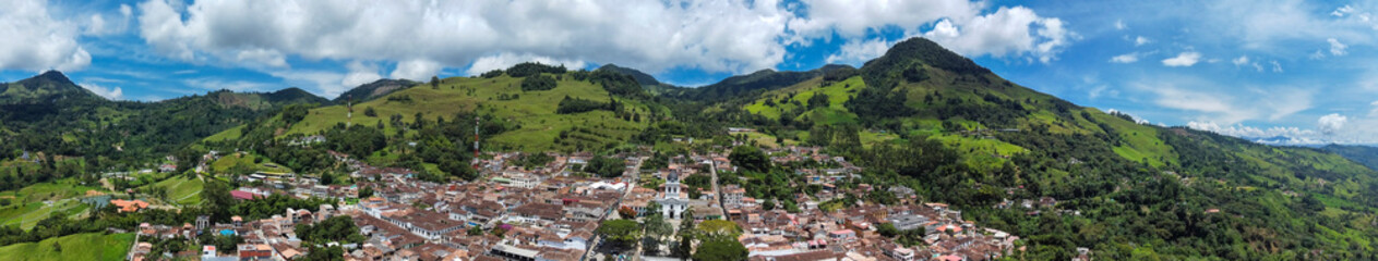 Fototapeta premium Titiribi, Antioquia - Colombia. July 12, 2025. Aerial view with a drone. Municipality with 11,053 inhabitants.