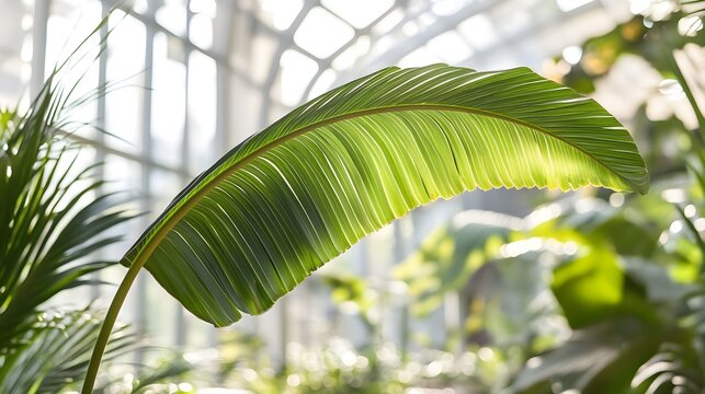 Lush Green Palm Leaf Arching Sunlight Greenhouse green leaf