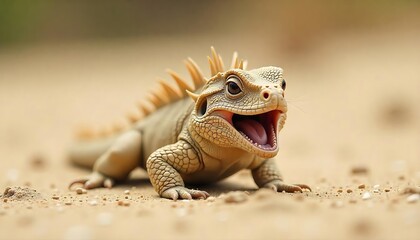 Fototapeta premium Playful spiky lizard creature in sandy terrain fantasy and adventure concept art, Desert Lizard, Skeleton Coast, Walvis Bay, Namibia, sand, beach, nature, reptile, lizard, created with generative ai
