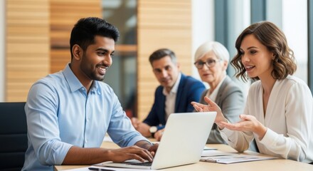Fototapeta premium Photo of diverse business team collaborating on a laptop during a meeting