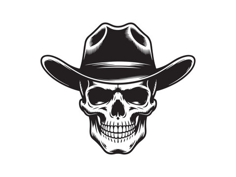 Skull wear cowboy hat engraving black and white outline. Scratch board imitation. Cowboy hat skull silhouette vector illustration 