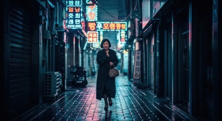 A woman walks down a narrow alleyway at night, illuminated by neon signs.