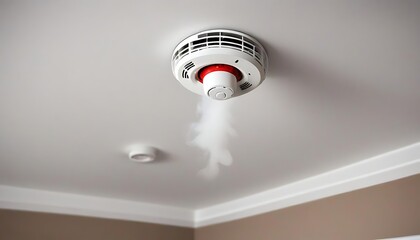 Fire alarm system detector on ceiling triggered by smoke, The ceiling smoke detector, Electronic device detects smoke, activates alarm. Home safety tech, created with generative ai