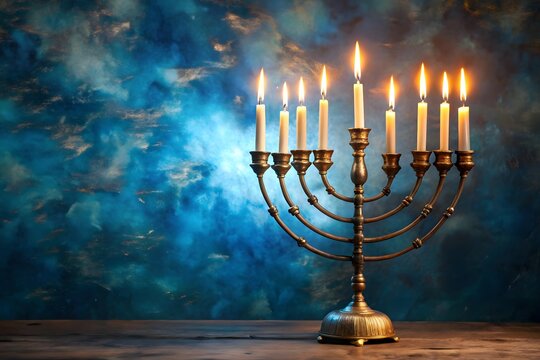 Seven lit candles on a brass menorah against a dramatic blue and gold textured background